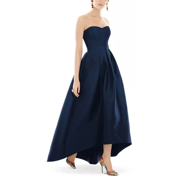 Alfred Sung D699 Strapless High Low Satin Gown Midnight Blue Size 2R - Picture 1 of 6